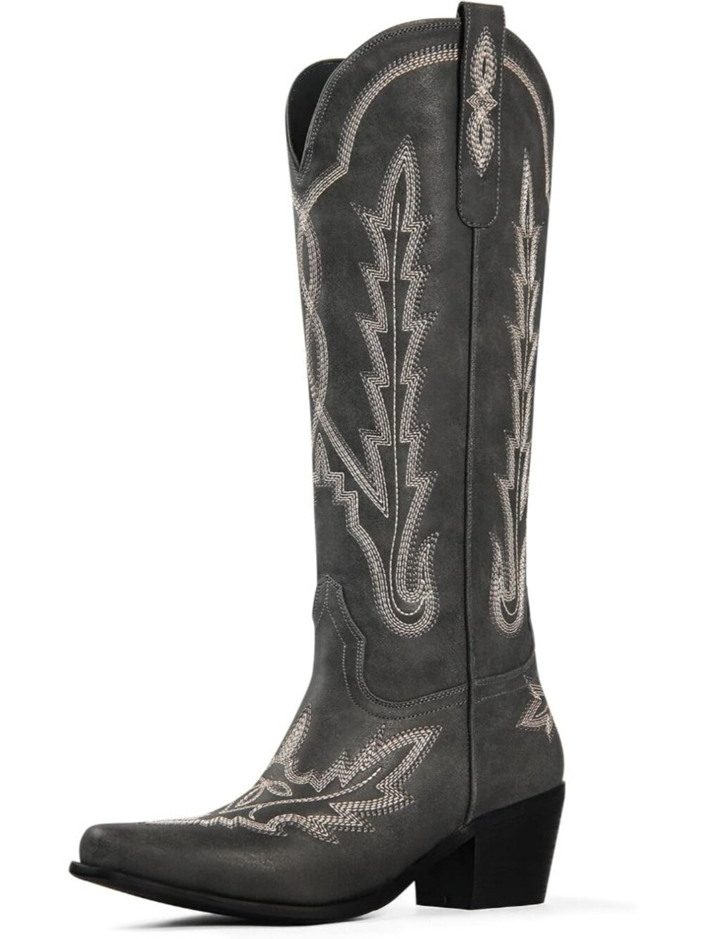 Women's Black knee High Classic Embroidered Pull On Pointed Toe Chunky Heel Boot